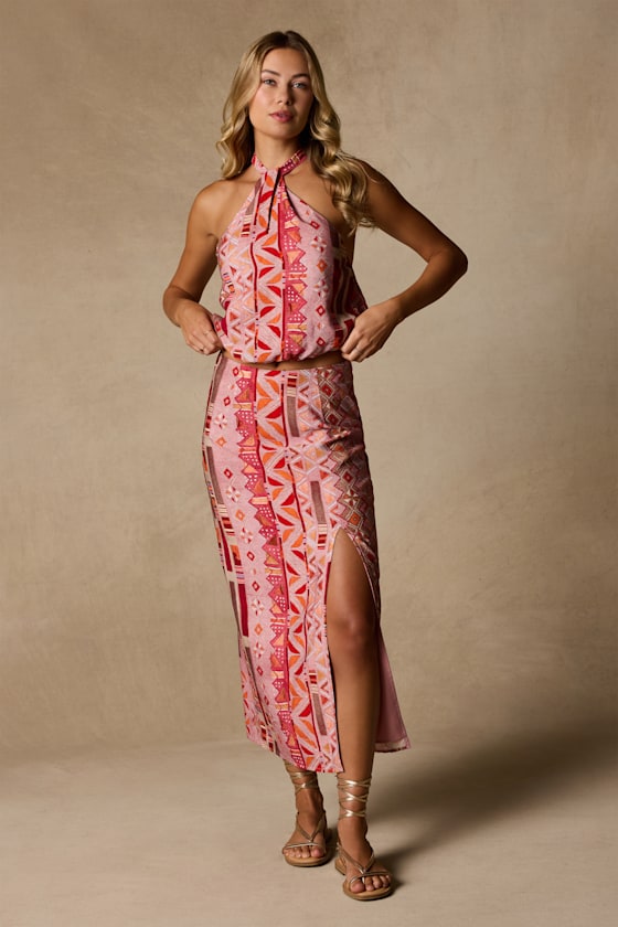Lindley Pink Multi Boho Print Midi Skirt