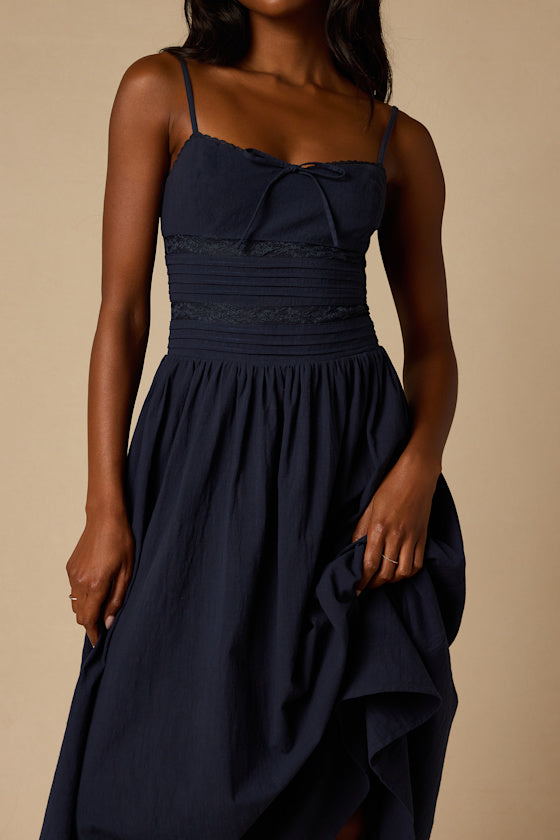 Elina Navy Pleated Midi Dress
