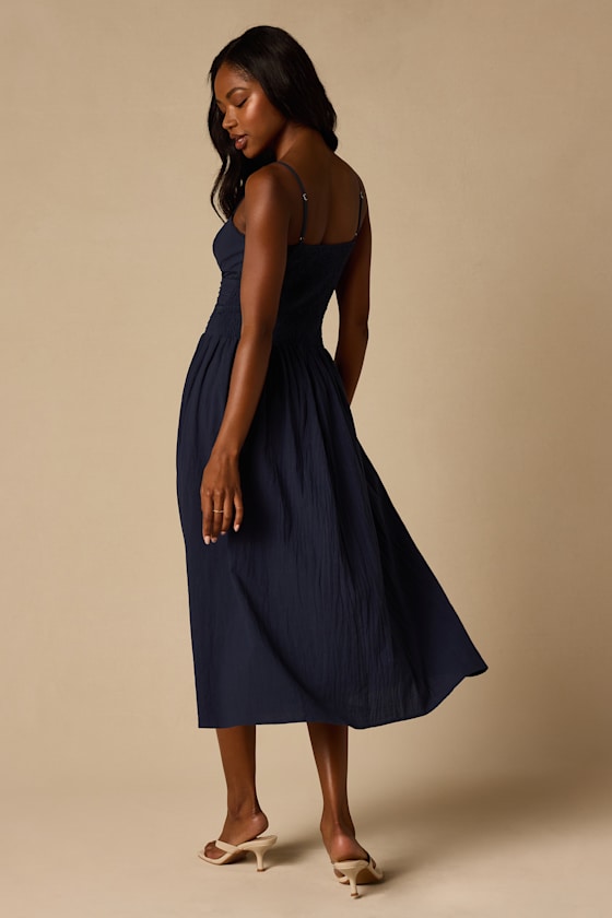 Elina Navy Pleated Midi Dress