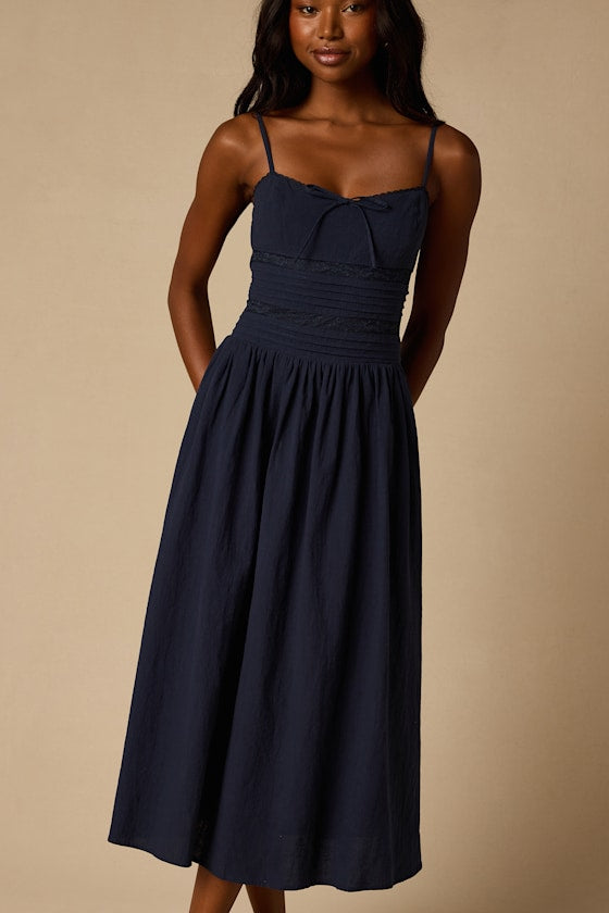Elina Navy Pleated Midi Dress