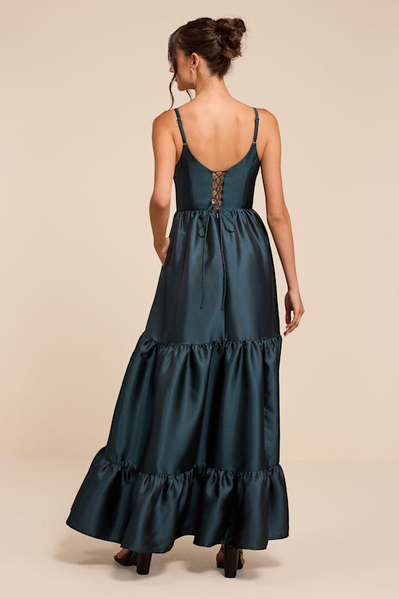 Avalie Teal Floral Tiered Bustier Maxi Dress