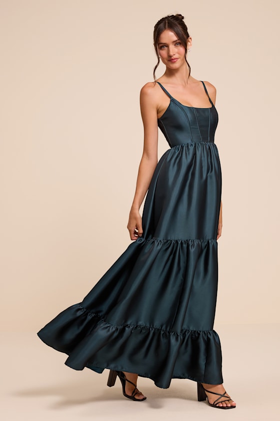 Avalie Teal Floral Tiered Bustier Maxi Dress