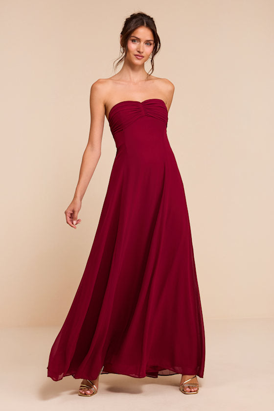 Kamalia Wine Red Strapless Maxi Dress
