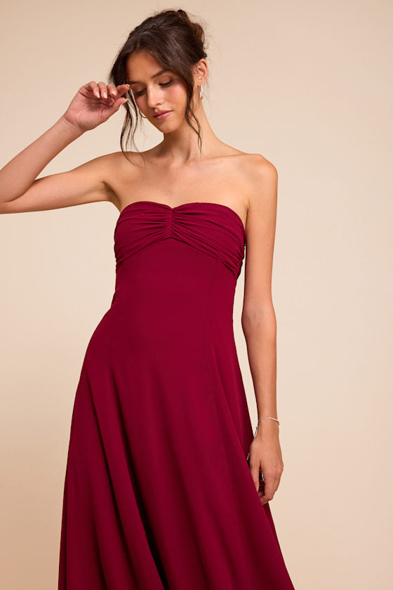 Kamalia Wine Red Strapless Maxi Dress