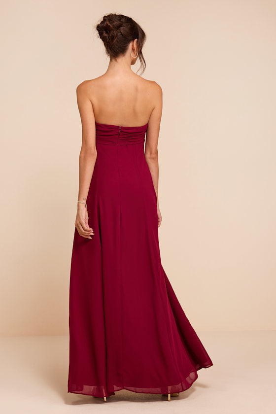 Kamalia Wine Red Strapless Maxi Dress