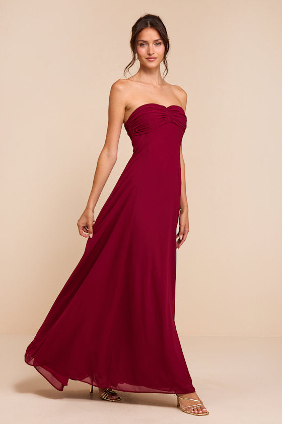 Kamalia Wine Red Strapless Maxi Dress