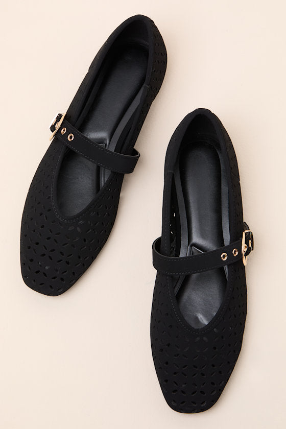 Nanette Black Eyelet Buckle Ballet Flats