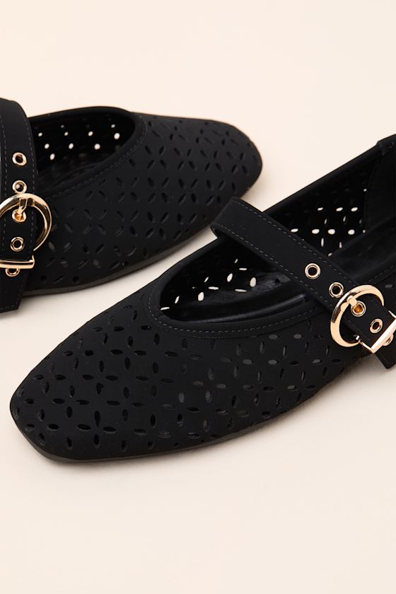 Nanette Black Eyelet Buckle Ballet Flats