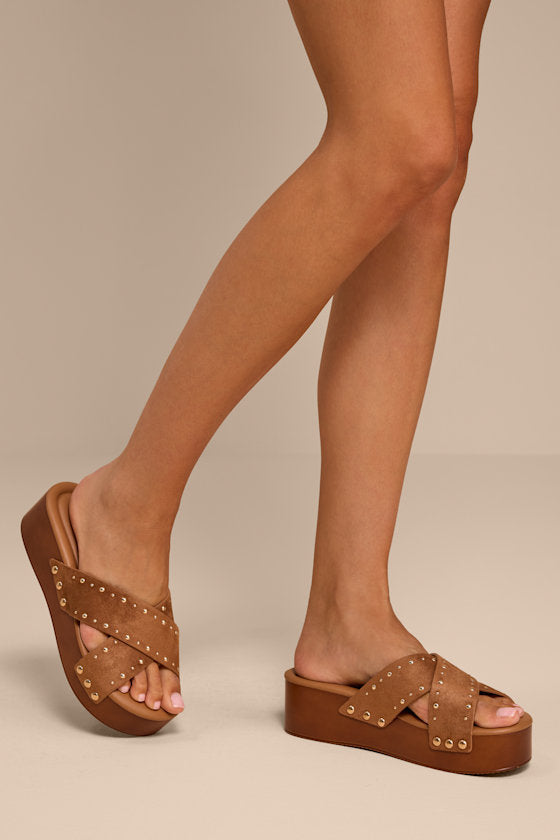 Loma Brown Studded Platform Slide Sandals