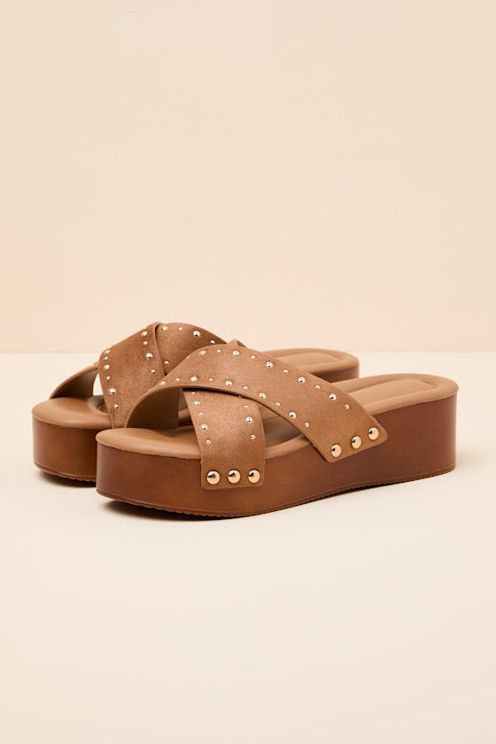 Loma Brown Studded Platform Slide Sandals