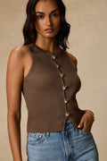 Conceptually Chic Brown Ribbed Knit Button-Front Tank Top