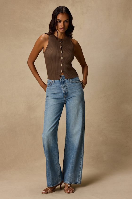 Conceptually Chic Brown Ribbed Knit Button-Front Tank Top