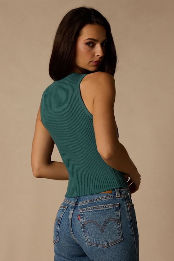 Conceptually Chic Teal Ribbed Knit Button-Front Tank Top