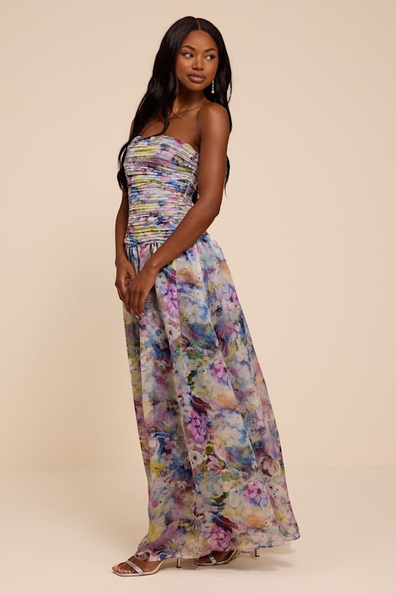 Kasandra Light Blue Multi Floral Organza Drop Waist Maxi Dress