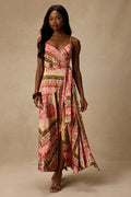Cerina Red Multi Boho Print Satin Wrap Maxi Dress