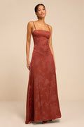 Elin Rust Floral Jacquard Lace-Up Maxi Dress