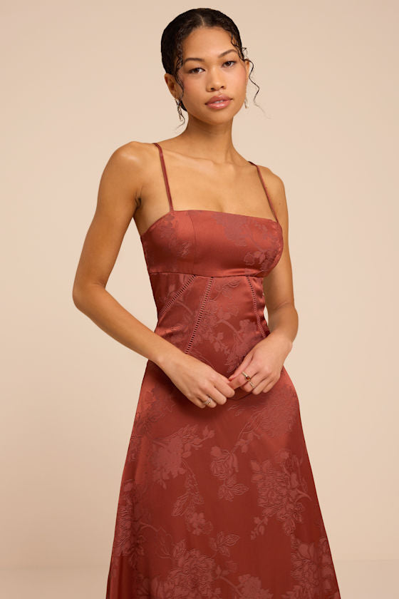 Elin Rust Floral Jacquard Lace-Up Maxi Dress