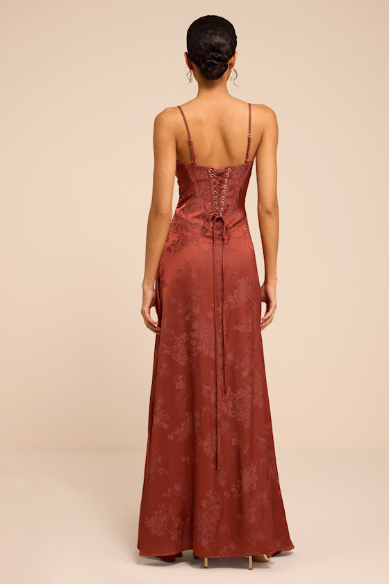 Elin Rust Floral Jacquard Lace-Up Maxi Dress