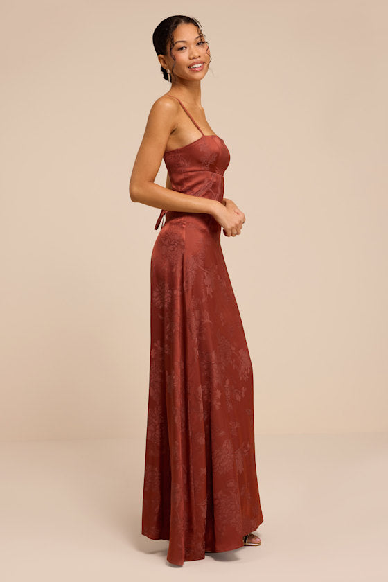 Elin Rust Floral Jacquard Lace-Up Maxi Dress