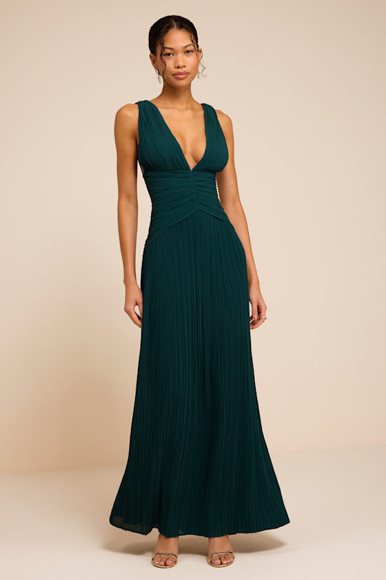 Kelina Emerald Green Pleated Drop Waist Maxi Dress