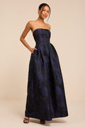 Laurelin Navy Floral Jacquard Pleated Strapless Maxi Dress