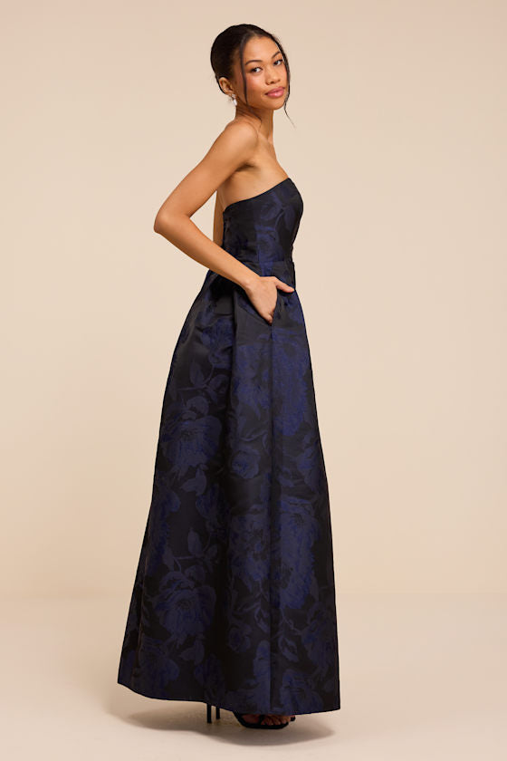 Laurelin Navy Floral Jacquard Pleated Strapless Maxi Dress