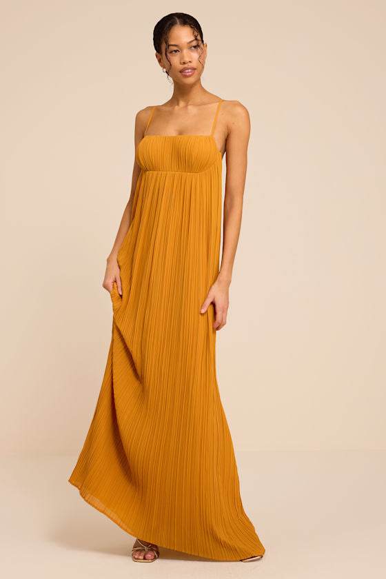 Avi Golden Yellow Pleated Sleeveless Maxi Dress