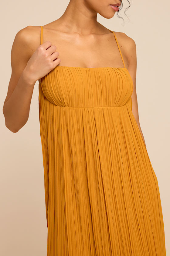 Avi Golden Yellow Pleated Sleeveless Maxi Dress