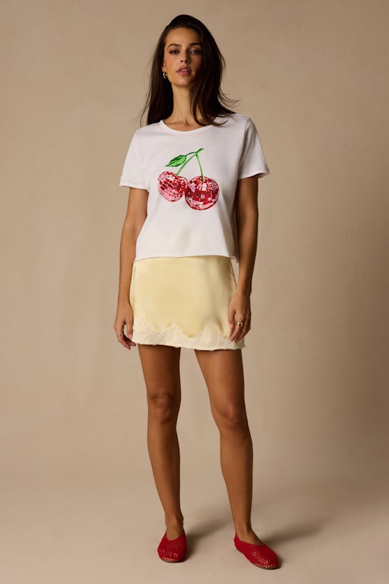 Disco Cherry White Cropped Graphic Tee