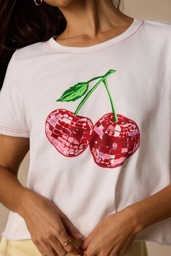 Disco Cherry White Cropped Graphic Tee