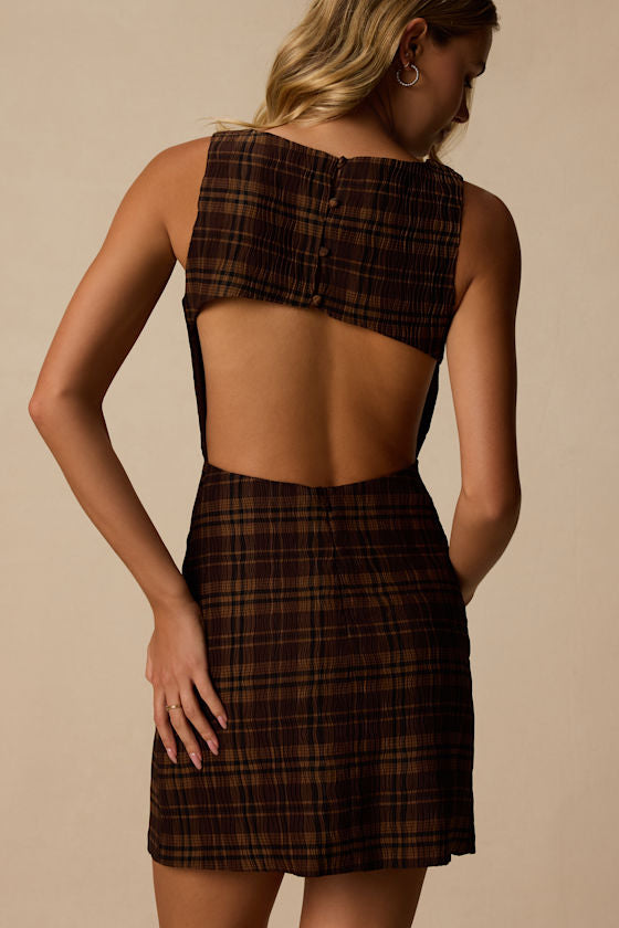 Kimber Brown Multi Plaid Cutout Mini Dress