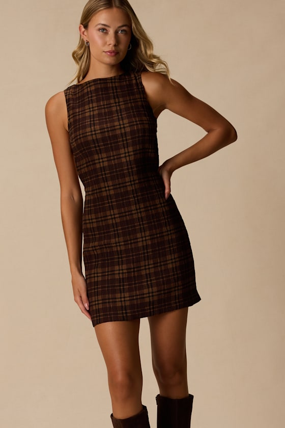 Kimber Brown Multi Plaid Cutout Mini Dress