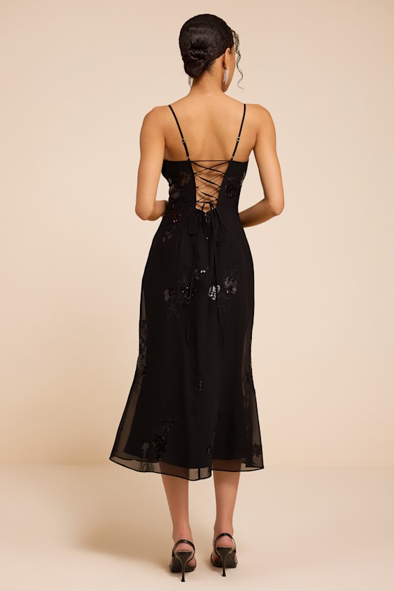Minx Black Sequin Lace-Up Midi Dress