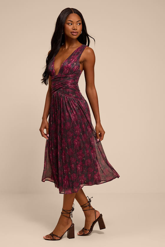 Evaluna Plum Abstract Print Lurex Pleated Midi Dress