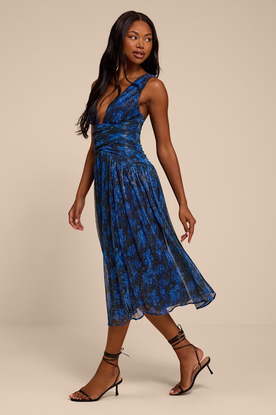 Evaluna Blue Abstract Print Lurex Pleated Midi Dress