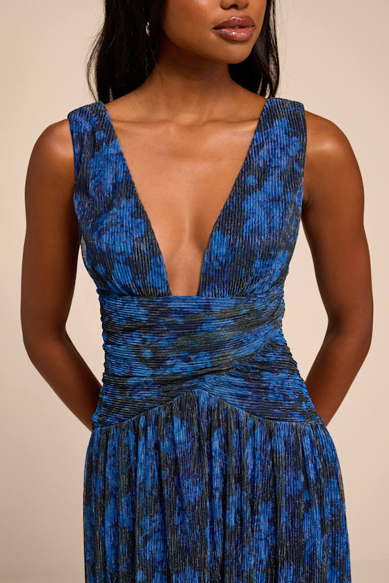 Evaluna Blue Abstract Print Lurex Pleated Midi Dress