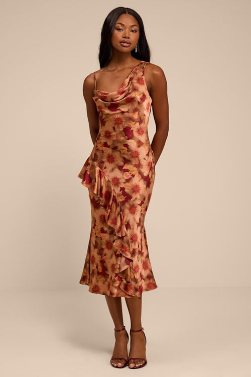 Roxanne Rust Multi Floral Satin Asymmetrical Midi Dress