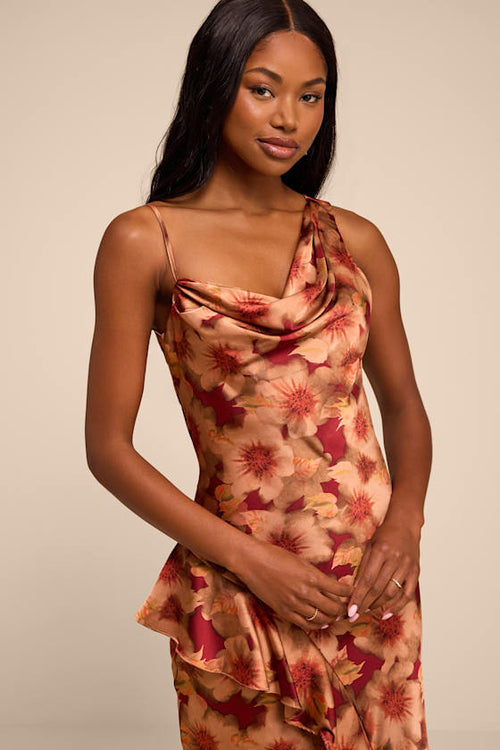 Roxanne Rust Multi Floral Satin Asymmetrical Midi Dress