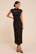 Tensely Black Floral Jacquard Cap Sleeve Midi Dress