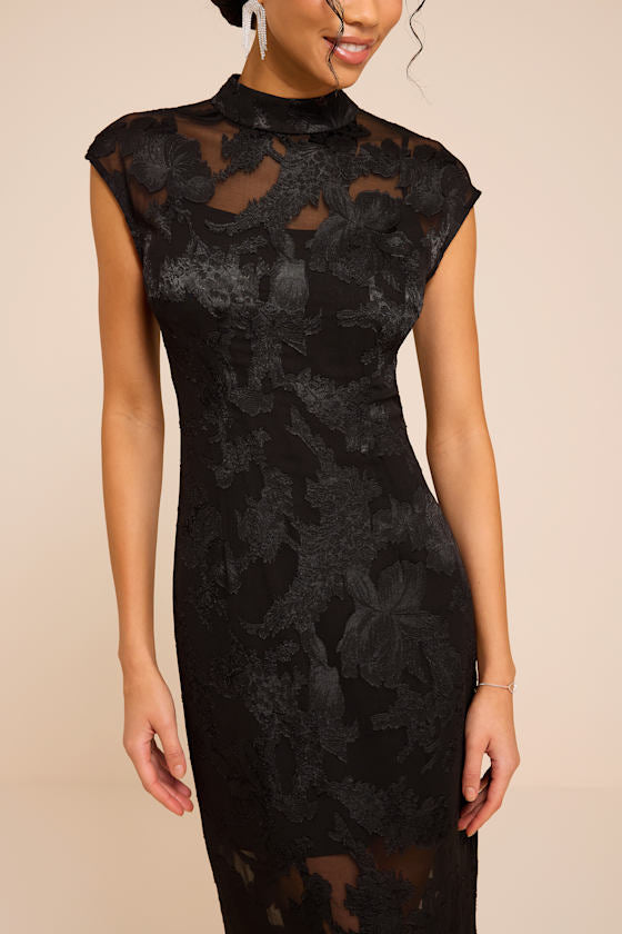 Tensely Black Floral Jacquard Cap Sleeve Midi Dress