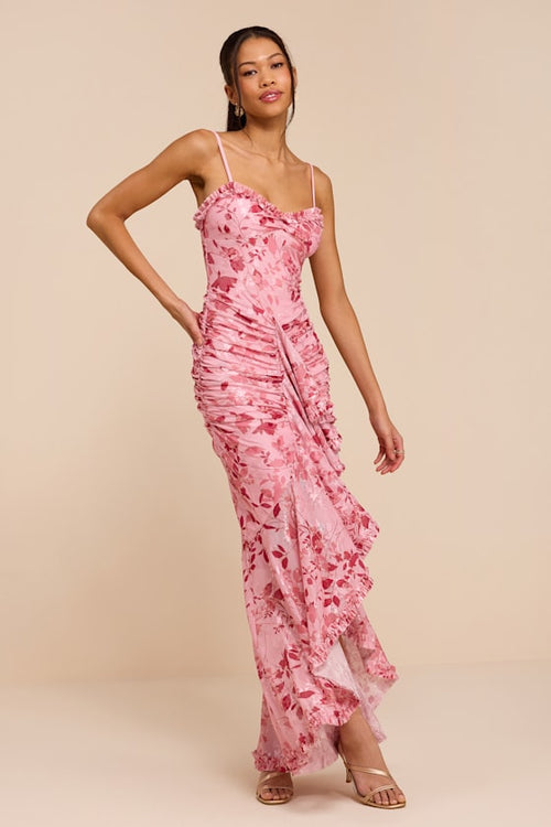 Zella Pink Multi Floral Mesh Ruffled Maxi Dress