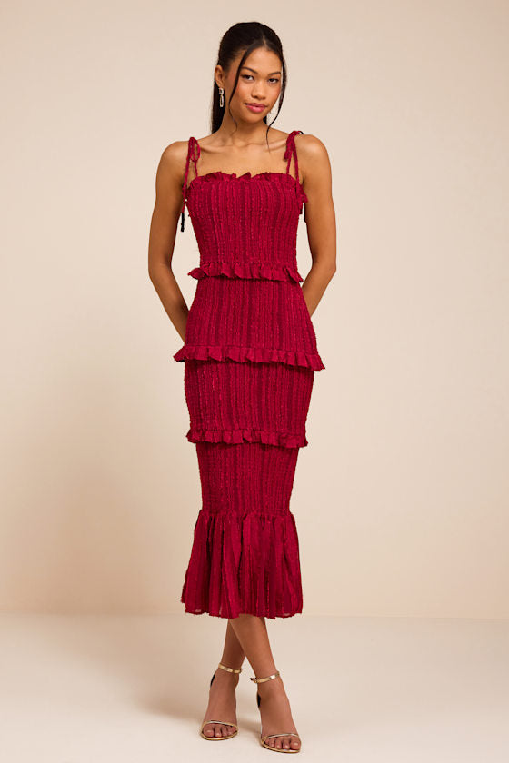 Aymana Berry Red Smocked Bodycon Midi Dress