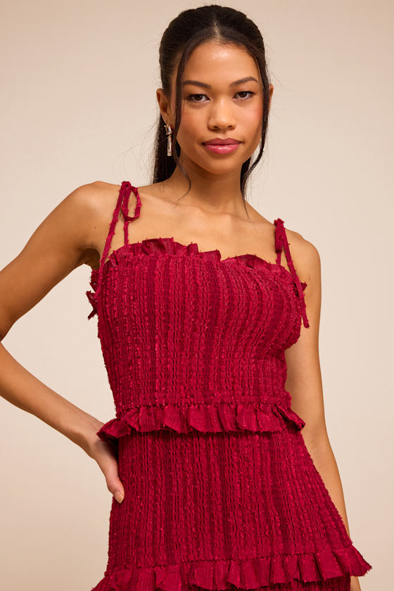 Aymana Berry Red Smocked Bodycon Midi Dress