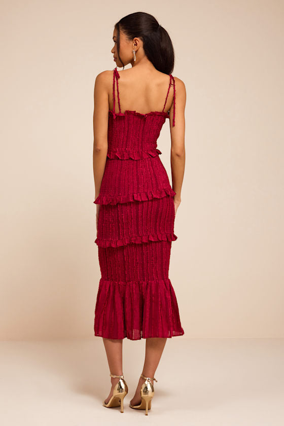 Aymana Berry Red Smocked Bodycon Midi Dress