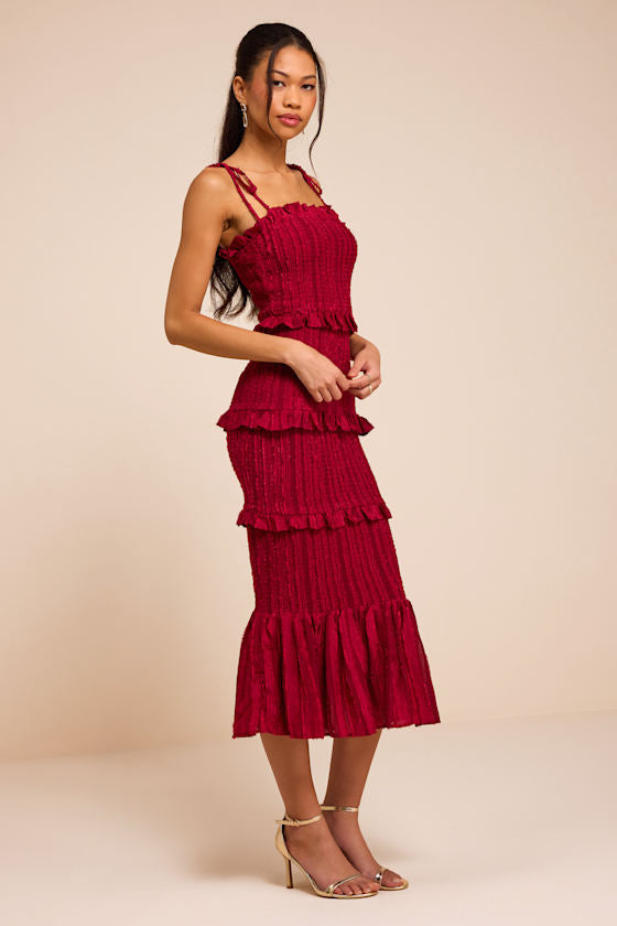Aymana Berry Red Smocked Bodycon Midi Dress