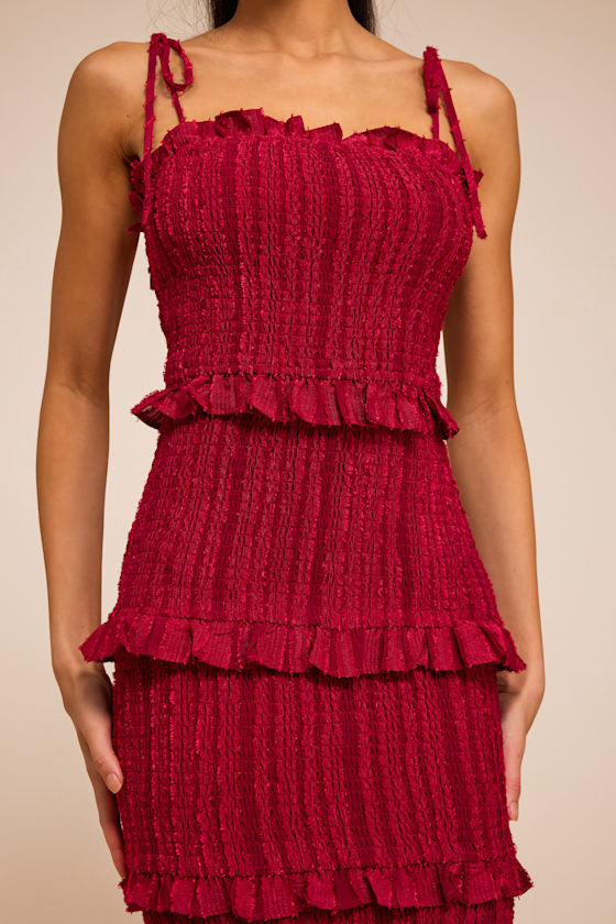 Aymana Berry Red Smocked Bodycon Midi Dress
