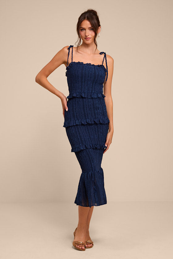 Aymana Navy Smocked Bodycon Midi Dress