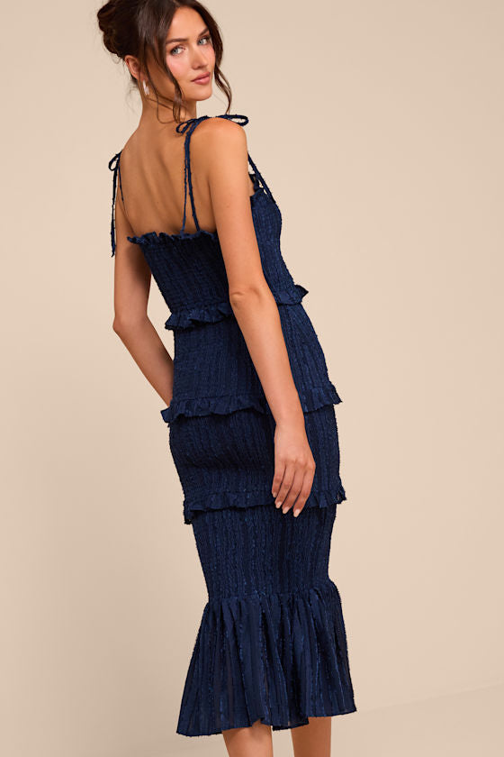 Aymana Navy Smocked Bodycon Midi Dress