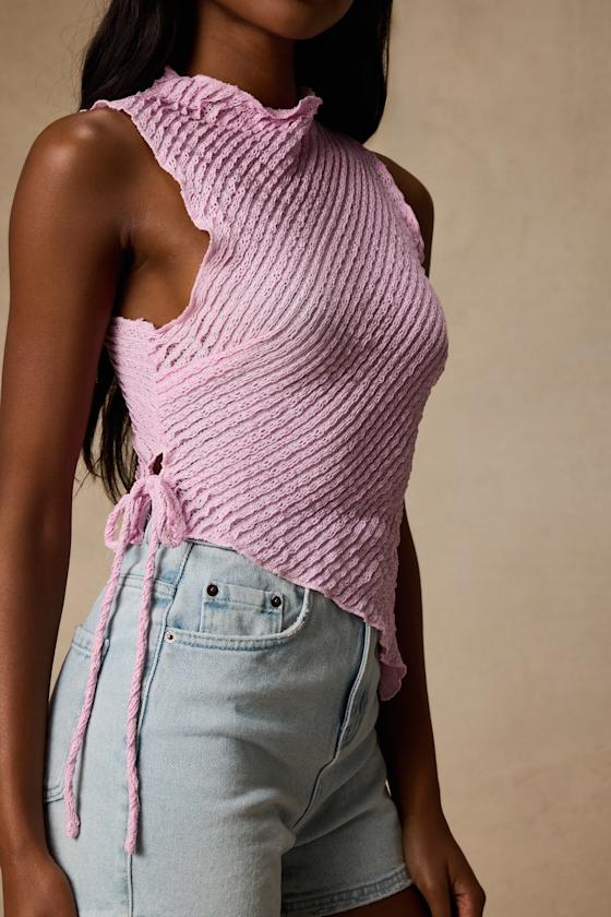 Kye Light Pink Crochet Lace Asymmetrical Tank Top