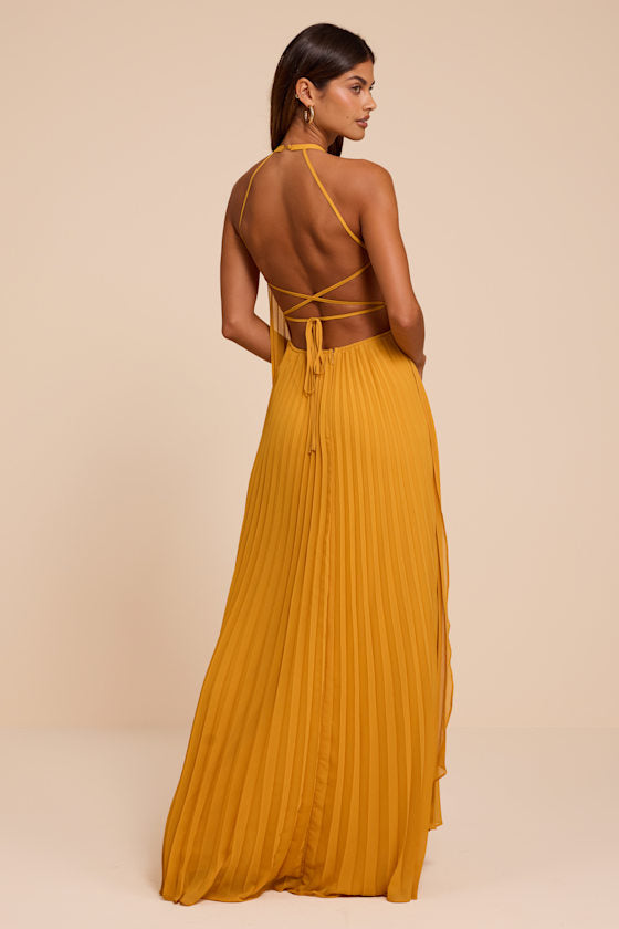 Dorala Golden Yellow Pleated Lace-Up Tiered Maxi Dress